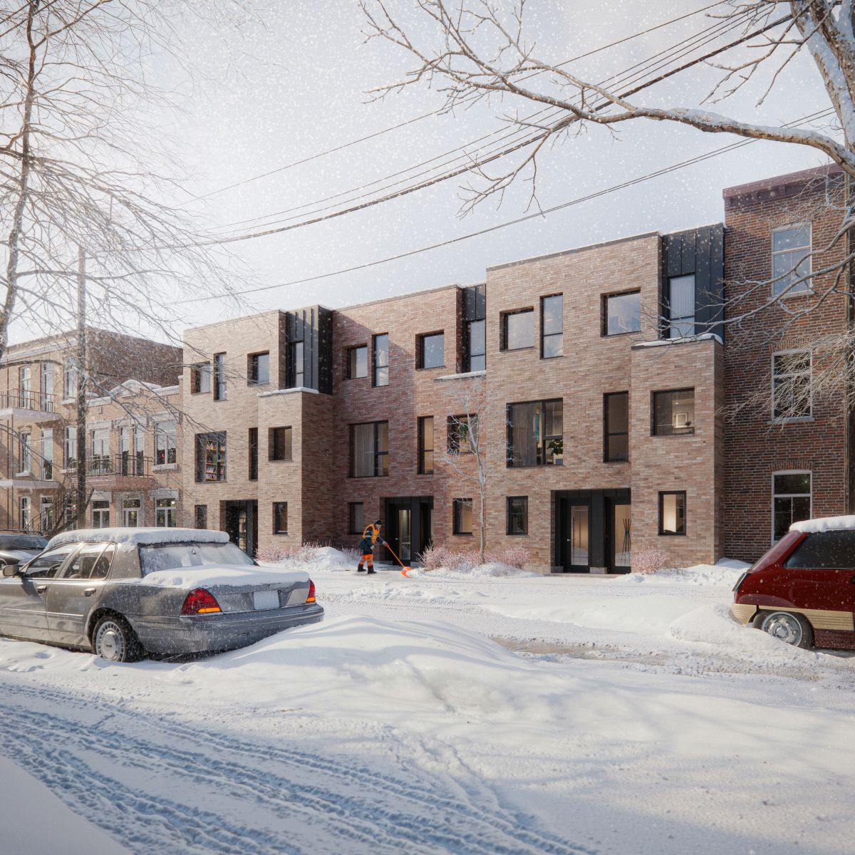 A  3D rendering of a brick rowhouse on a snowy residential street and there are snow covered cars which line the road while a resident shovels the sidewalk.